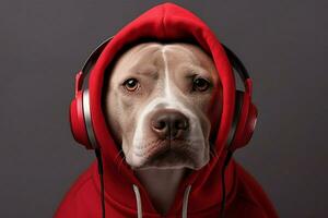 a dog in a red hoodie with a red hoodie and a hea photo