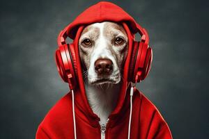 a dog in a red hoodie with a red hoodie and a hea photo