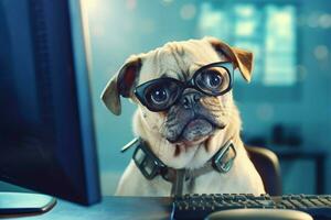 a dog wearing glasses sits at a desk with a compu photo