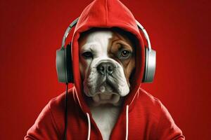 a dog in a red hoodie with a red hoodie and a hea photo