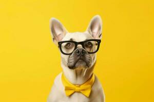 a dog wearing glasses sits on a yellow background photo