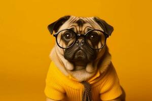 a dog wearing glasses sits on a yellow background photo