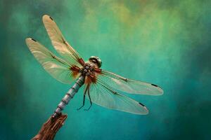 a dragonfly sits on a blue and green background photo