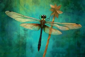 a dragonfly sits on a blue and green background photo