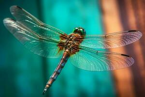 a dragonfly sits on a blue and green background photo