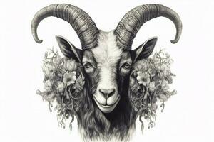 a drawing of a goat with horns and a head that sa photo