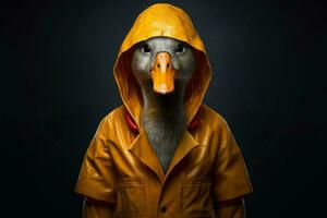 a duck in a raincoat with a hood and a hood photo