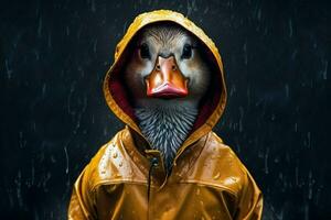 un Pato en un impermeable con un capucha y un capucha foto