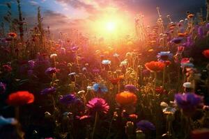 a field of flowers with a bright light behind them photo