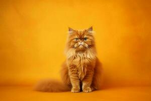 a fluffy orange cat sits on a yellow background photo