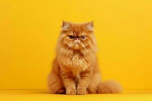 un mullido naranja gato se sienta en un amarillo antecedentes foto