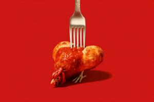 a fork is holding a chicken with a red sauce on i photo