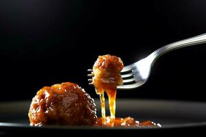 a fork with a bite of meatballs on it photo