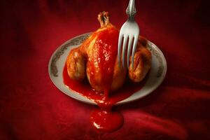 un tenedor es participación un pollo con un rojo salsa en yo foto