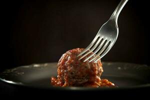 a fork with a bite of meatballs on it photo