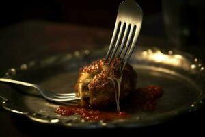 a fork with a bite of meatballs on it photo