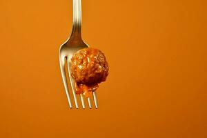 a fork with a bite of meatballs on it photo