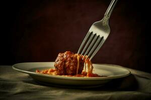 a fork with a bite of meatballs on it photo