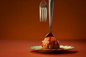 a fork with a bite of meatballs on it photo