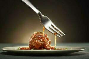 a fork with a bite of meatballs on it photo