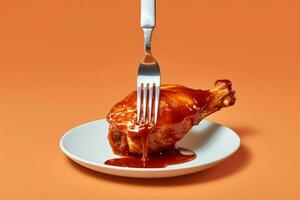 a fork with a piece of chicken with bbq sauce on photo