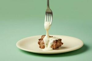 a fork with a white sauce on it and a small piece photo