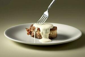 a fork with a white sauce on it and a small piece photo