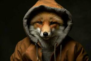 un zorro en un chaqueta con un capucha y un capucha foto