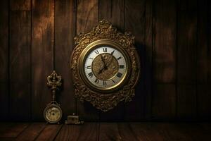 a frame on a dark wood wall with a clock and the wo photo