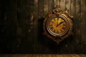 a frame on a dark wood wall with a clock and the wo photo