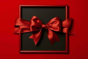 a frame with a red ribbon and a bow photo