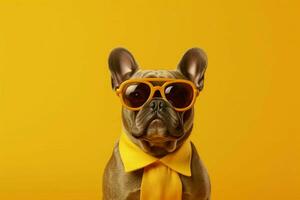 a french bulldog wearing yellow glasses sits on a photo