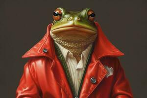 a frog wearing a red jacket with the number 6 on photo