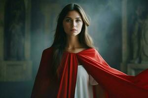 a girl in a white dress with a red cape and a red c photo
