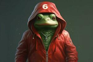 a frog wearing a red jacket with the number 6 on photo