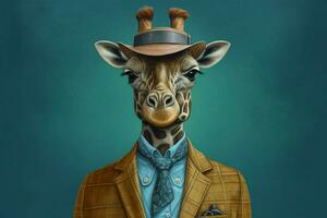 a giraffe with a blue jacket and a blue hat photo