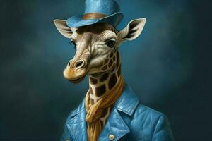 a giraffe with a blue jacket and a blue hat photo