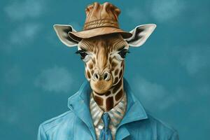 a giraffe with a blue jacket and a blue hat photo