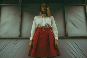 un niña en un blanco falda y un rojo y blanco falda w foto