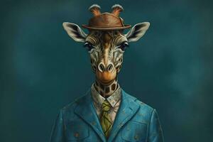 a giraffe with a blue jacket and a blue hat photo