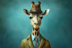 a giraffe with a blue jacket and a blue hat photo