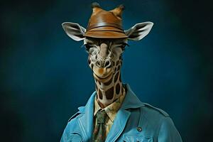 a giraffe with a blue jacket and a blue hat photo