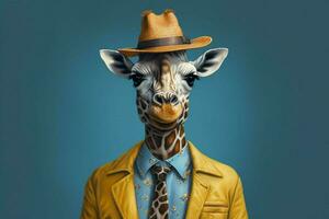 a giraffe with a blue jacket and a blue hat photo