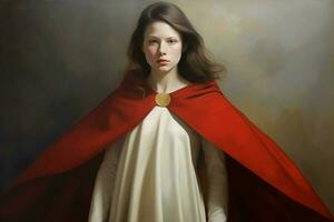 a girl in a white dress with a red cape and a red photo