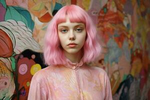 a girl with pink hair stands in front of a colorful photo