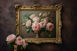 a gold frame with pink roses on it photo