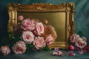 a gold frame with pink roses on it photo