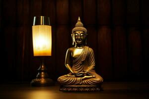 a golden buddha statue sits in front of a golden la photo