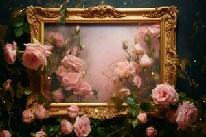 a gold frame with pink roses on it photo