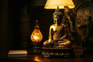 a golden buddha statue sits in front of a golden photo